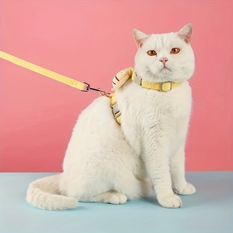 Cat Harness Leash Set With Cute Bee Plaid Cats Escape Proof - Adjustable Kitten Harness For Large Small Cats, Lightweight Soft Petsafe Harness Yellow Plaid Bee