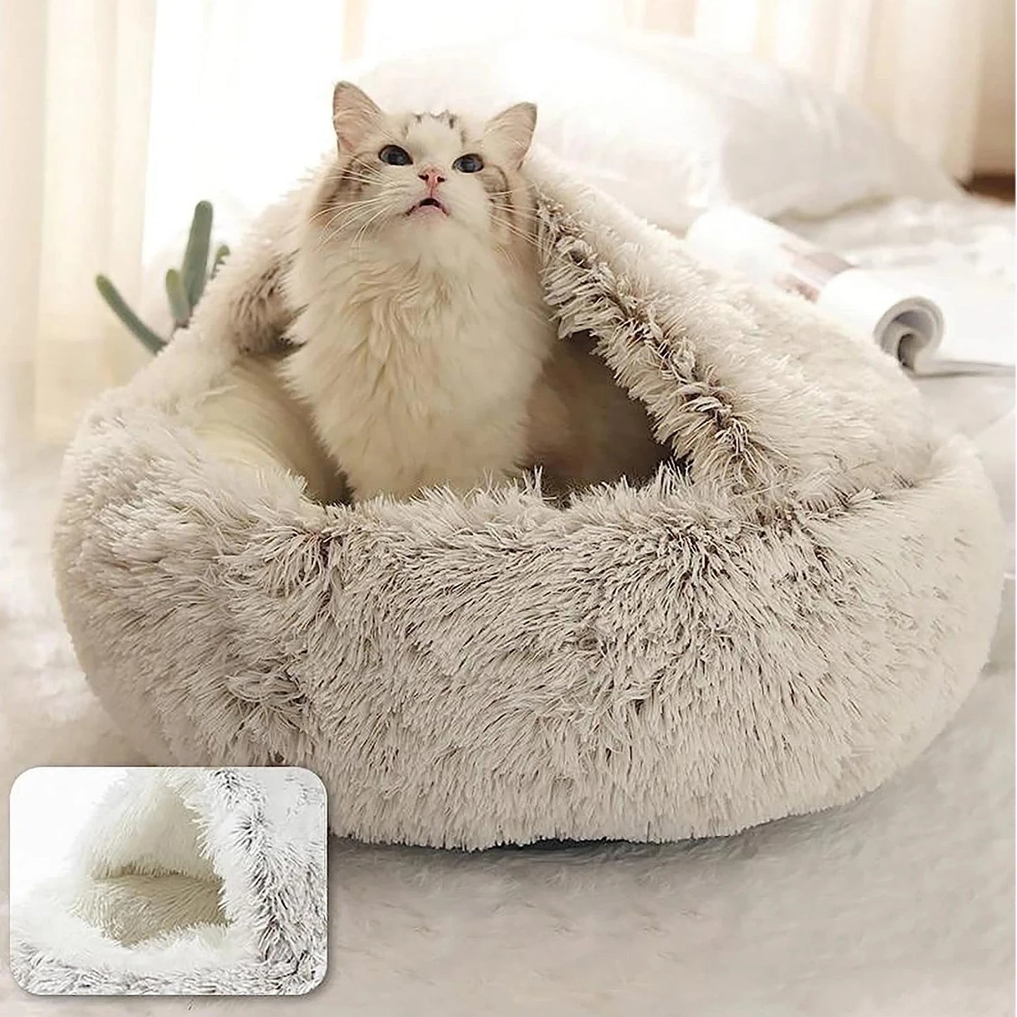 Plush Hooded Pet Bed, Fluffy Soft Bed for Pet (Sleeping Nest Cave for Small Dogs and cats)